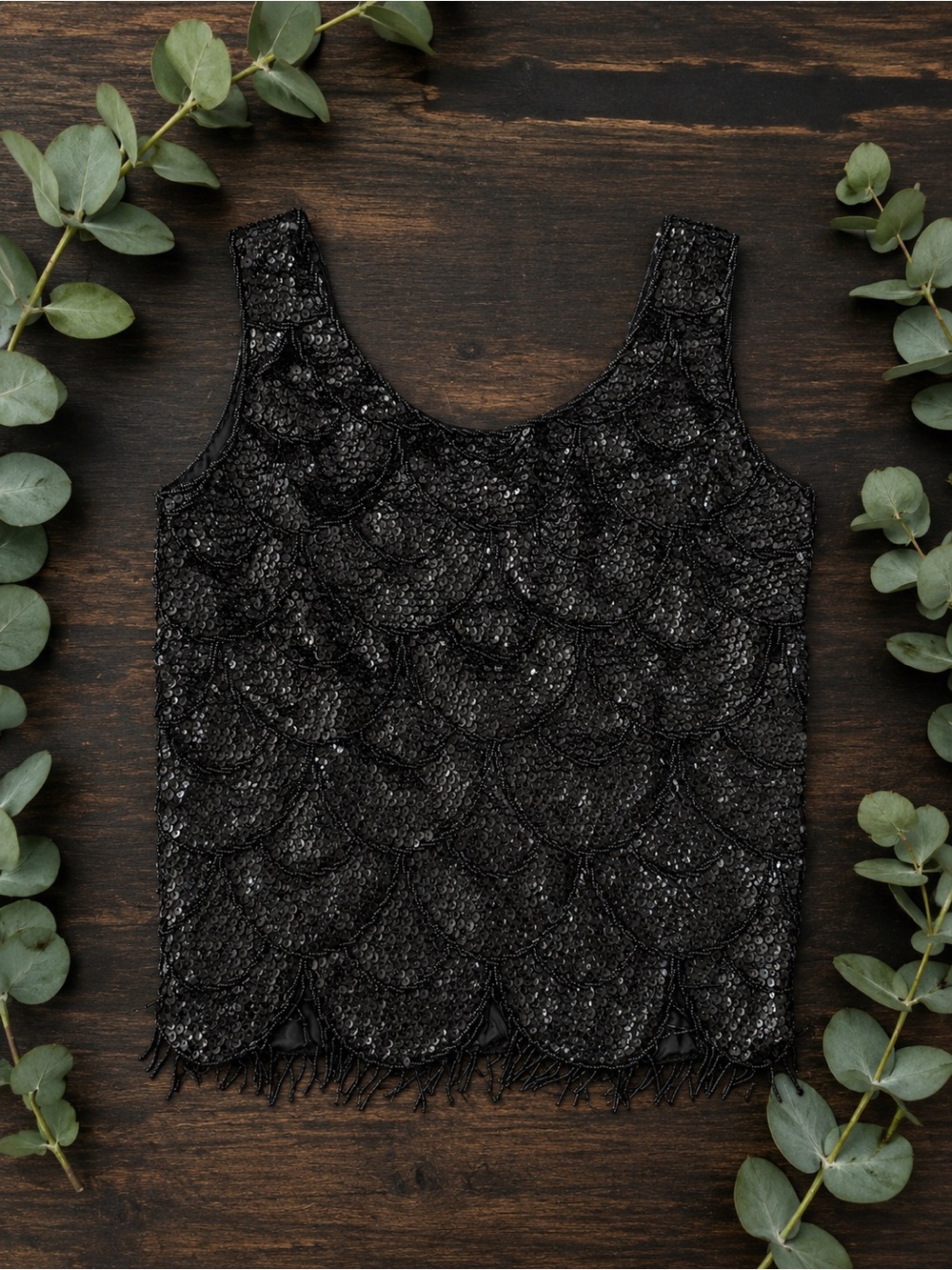 Vintage Black Sequin Beaded Top Made in Hong Kong 100% Wool Sleeveless Size S